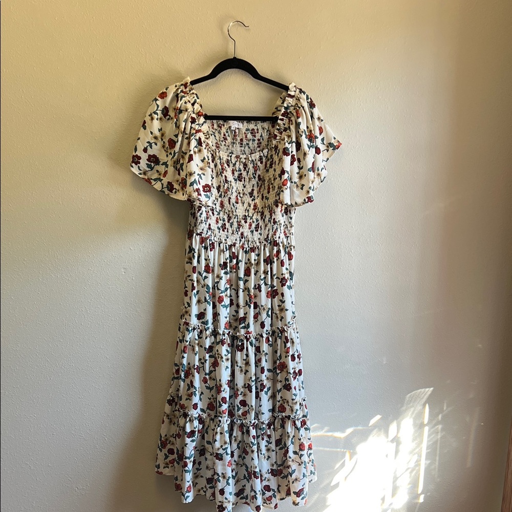 Ivory Floral Smocked Midi Dress with Flutter Sleeves